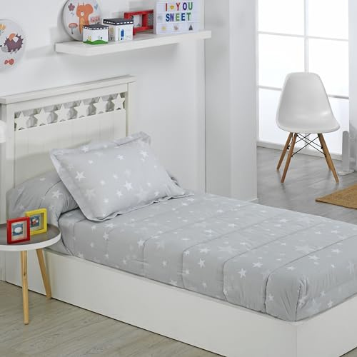 DHESTIA HOME - Edredón Ajustable Cama Infantil Stars - Color Gris, Talla Cama 90