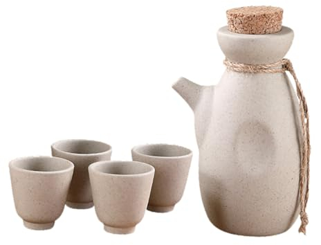 TOPBATHY Japanisches Sake Satz aus Keramik und Grate mit 1 Flasche 300ml und 4 Tassen 50ml Vielseitig für Zuhause und Teehäuser