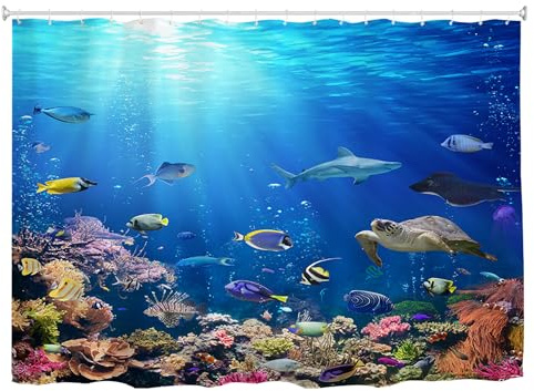 goodbath Duschvorhang, Ozean-Unterwasserwelt, Anti-Schimmel-Gewebe, wasserdichte Badevorhänge für Badezimmer mit 12 Haken, Hellblau, 240 x 180 cm, E12061