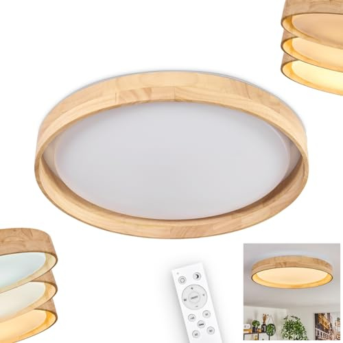 HOFSTEIN LED Deckenleuchte Tabernas, dimmbare Deckenleuchte aus Holz/Metall/Kunststoff in Natur/Weiß, Ø 40 cm, Fernbedienung, CCT 2700-6500 Kelvin, 2450 Lumen, 18 Watt, auch für Badezimmer, IP44