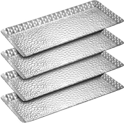 Teenyyou 4 Pcs Metal Serving Tray 9.8 x 4.3 x 0.6 Inch Hammered Rectangle Stainless Steel Small Silver Tray Decorative for Vanity Platter Kitchen Bathroom Counter Storage Counter Organizer