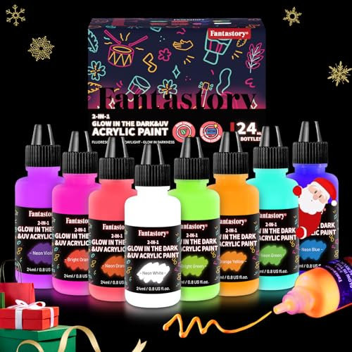 Fantastory Leuchtfarbe Nachtleuchtende Farbe 8x24ml, Neonfarbe, Schwarzlicht farbe; für Detailarbeiten;Steine,Leinwände, Partybekleidung; Halloween Fluoreszierende Acrylic Paint