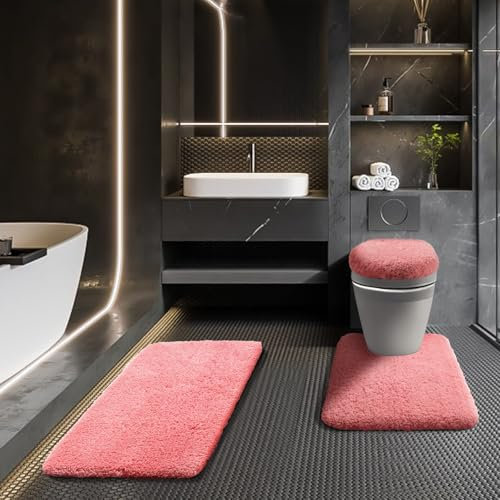 Pinkes Badezimmerteppich-Set, 3-teilig, mit WC-Bezug und WC-Vorleger, U-förmiges Badematten-Set mit rutschfester Gummi-Unterseite, Mikrofaser, Zottelteppich für luxuriöse Badezimmer-Dekoration