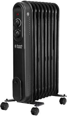 Russell Hobbs 2000W/2KW Oil Filled Radiator, 9 Fin Portable Electric Heater - Black, Adjustable Thermostat with 3 Heat Settings, Overheat Protection, 20m sq Room Size, 2 Year Guarantee RHOFR9004B