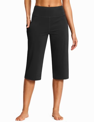 ISEEGZ 18 Capri Pants for Women High Waist with Pockets Women's Capris Workout Yoga Pants Loose Straight Leg Black