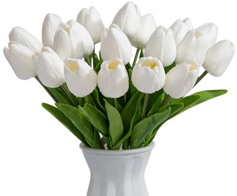 LEUCHTAMOR 20 Stück Künstliche Tulpen weiß Tulpe Latex tulpen real Touch Tulpen Sträuße Faux Tulpen Blumen für Hochzeit Büro Garten und Haus Dekoration