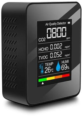 Detector de Gas, Monitor de calidad del aire 5 en 1 Detector de CO2 for interiores Formaldehído HCHO TVOC Probador LCD Temperatura Humedad Probador Alarma Medidor de CO2 para Trabajo y Casa(Nero)