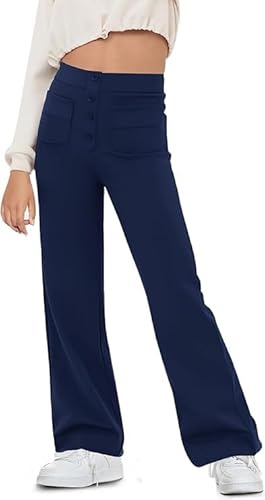 Haloumoning utsvängda byxor flickor utsvängda yogaleggings bootcut knapp hög midja sportbyxor med fickor, Mörkblå, 6-8 år