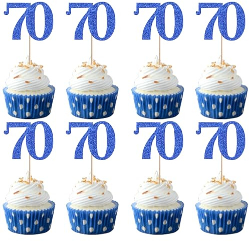 Xsstarmi 36 Pack Number 70 Cupcake Toppers Glitter Cheers to 70 Years Birthday Cupcake Picks Decoration for Happy 70th Birthday Wedding Anniversary Party Cake Decorations Blue