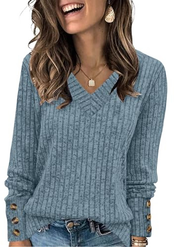 WIHOLL Long Sleeve Tops Women V Neck Jumpers Ladies Lightweight Sweatshirts Button Ladies Tops Size 22-24 Blue
