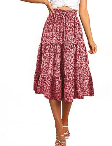 GUCURIN Faldas Mujer Verano Bohemia Cintura Elegante Elástica Falda Larga Vintage Estampado Floral Volantes A-Línea 2025,Rojo,L
