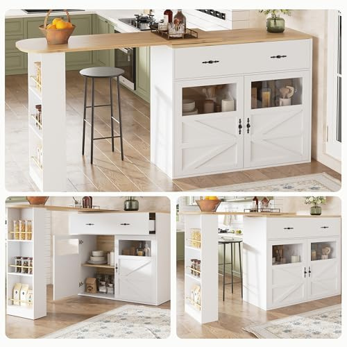 DRIXNO Ausziehbarer Bartisch mit Stauraum(138-204×39×104cm), 360° Drehbare Essbar,Hochtisch Kücheninsel Bistro Table, Sideboardschrank mit Regalen, Weiß
