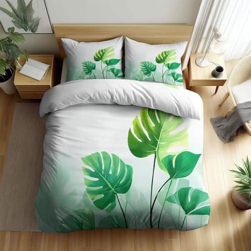 White Print Duvet Cover Sets Double Size, Hand Painted Watercolor Monstera Bedding Set for Kids Teens - Soft Breathable Easy Care Decor Comforter Cover Bed Set 200 x 200 cm