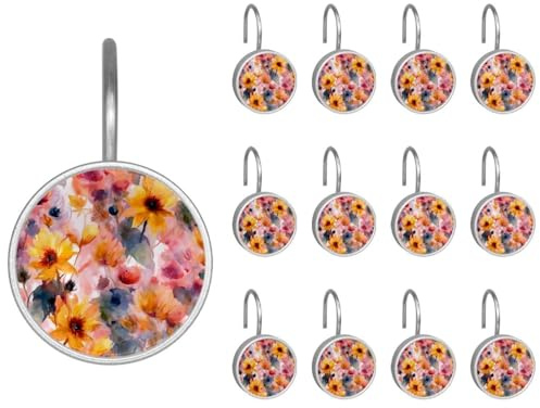 12 ganci decorativi rotondi per tenda da doccia, girasoli ad acquerello, antiruggine, anelli per tende da bagno per aste da doccia e fodera