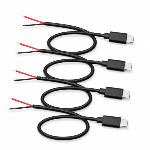 Leloco 4 Stück USB-C Pigtail-Kabel 30 cm, 22 AWG, 5 V 3 A, offenes Ende | USB-C-Stecker auf 2-adriges offenes Ende; für LED-Beleuchtung, Lüfter, Reparaturen und DIY-Projekte.