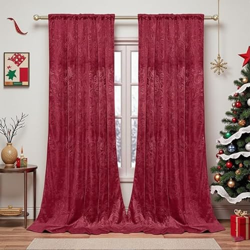 Rosnek Samt Gardinen Vorhang Kräuselband 2er Set, H244 x B132 cm Thermogardine Luxus Vorhang Blickdicht mit Muster, Übergardinen Vorhänge Verdunkelung Barock Deko für Wohnzimmer, Rosenrot