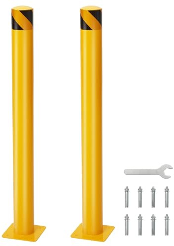 2-Pack 42 Inch Steel Safety Bollard Post, 4.5 Inch Diameter Metal Safety Bollard with 8 Anchor Bolts for Driveway Barrier, Parking Pole, Traffic Control