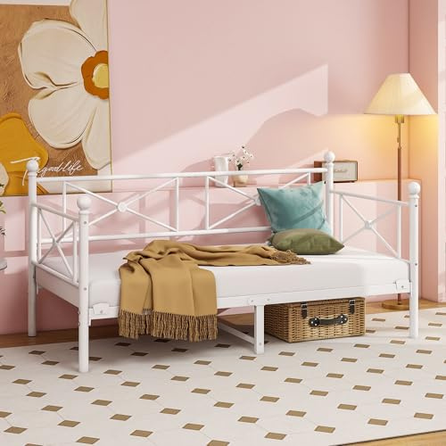 MUZERUL Tagesbett Metallbett 90x200 cm, Einzel Bettsofa mit Kopfteil & Lattenrost, Jugendbett Schweres Metall-Lattenrost zur Matratzenunterstützung, Tagesbett für Wohnzimmer & Schlafzimmer, Weiß
