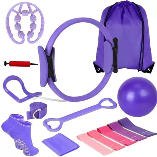 15 teiliges Pilates Set für Zuhause mit Upgrade Pilates Ring 38 cm 5 Fitnessbänder Pilates Ball Yoga Ring Pilates Gurt Massagegerät Trainingsguide Essentielles Pilates Set für Frauen in Lila