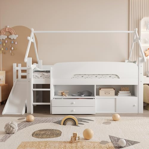 Trdlpyn Letto Casetta per Bambini 90x200 con Scivolo e Cassetti, Letto a Forma di Tetto per Ragazzi e Ragazze, letto in legno massello, Ringhiera di sicurezza(Senza Materasso)