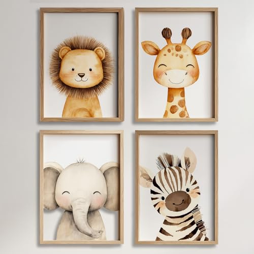 GIFISTAR 4er Tier Poster Set, Bilder Kinderzimmer, Elefant-Giraffe-Löwe-Zebra, Babyzimmer Deko, Deko Kinderzimmer Jungen & Mädchen, Sicher und geruchlos, Moderne Wandbilder, ohne Rahmen (21 x 30 cm)