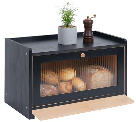 Relaxdays Brotkasten, Bambus, Schneidebrett, Ablage, Luftlöcher, Sichtfenster, HxBxT: 26 x 40 x 25 cm, Brotbox, schwarz