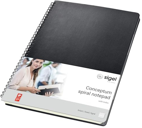 SIGEL CO841 Premium Spiralblock A4, liniert, schwarz, 80 Blatt, sehr stabiler Hardcover-Einband, mit versetzbarem Register, Einsteckfach, aus nachhaltigem Papier, Conceptum