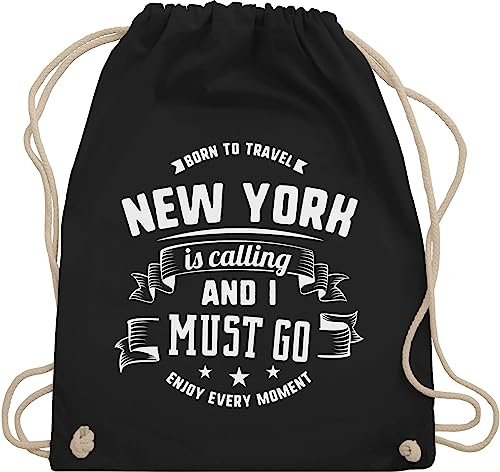 Turnbeutel Rucksack - Stadt und City Outfit - New York is calling and I must go Weiß - Unisize - Schwarz - städte ruft beutel stoffrucksack turnsack beutelrucksäcke juterucksack sportbeutel