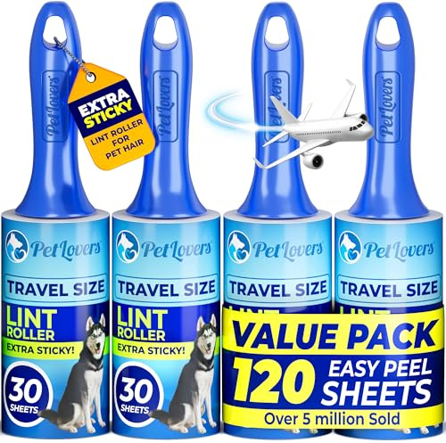 PetLovers Mini Lint Rollers for Travel 4 Pack - Small Sized Lint Removers for Easy Portability, Great for Pet Hair and Debri Pickup