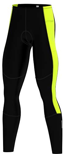 DHERA Men's Thermal Cycling Tights with Cold Protection, Padded Lightweight Bike Leggings Four-Way Stretch Convenient Pocket and Safety Reflector, Fluorescent Yellow - M