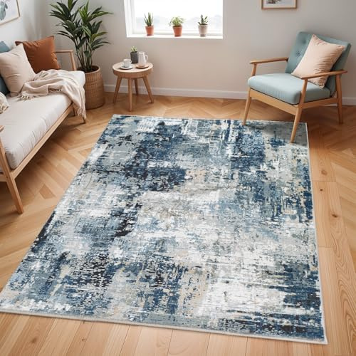 Livabliss Paris Wohnzimmer Teppich modern – Abstrakt Design in Marmor Optik für Wohnzimmer 200x274 cm, Esszimmer, Schlafzimmer - Marmor Teppiche groß, weicher Teppich Kurzflor in Blau, Grau, Beige