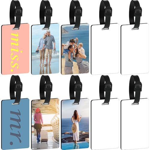 Frienda 10 Pieces Sublimation Luggage Tag Blanks White Blank Travel Bag Tags Bulk with Strap Double Sided MDF Suitcase Labels with Slots for Easy Identification