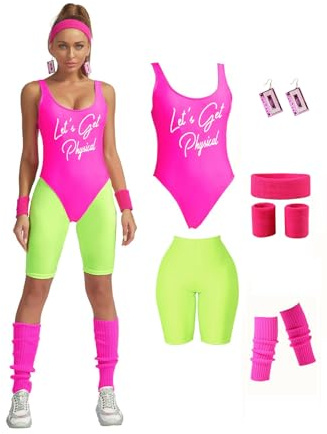 MIAIULIA 80er-Jahre-Workout-Kostüm für Damen, Outfit mit 80er-Jahre-Accessoires-Set, Trikot, Neon-Leggings, Stirnband und Schweißbänder-Set