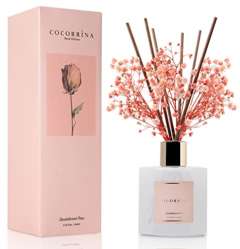 Cocorrína Premium Reed Diffuser Set with Preserved Baby's Breath & Cotton Stick Sandalwood Rose | 6.7oz Scent Fragrance Oil Diffuser for Bedroom Bathroom Home Décor