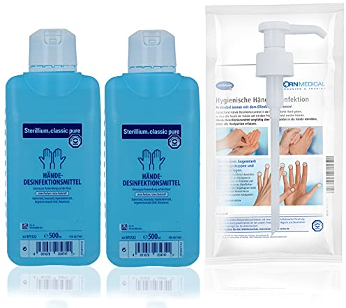 Sterillium Classic PURE Handdesinfektionsmittel SETs inkl. Dosierpumpe beseitigt Bakterien zu 99,9% (2x 500ml)