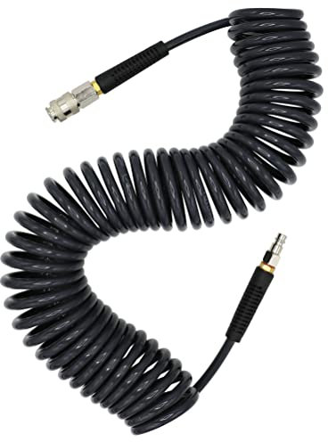 YOTOO Air Compressor Hose Polyurethane Recoil 10m Long 6mm ID x 9.5mm OD with Bend Restrictor, 1/4 Europe Quick Coupler and Plug, Gray