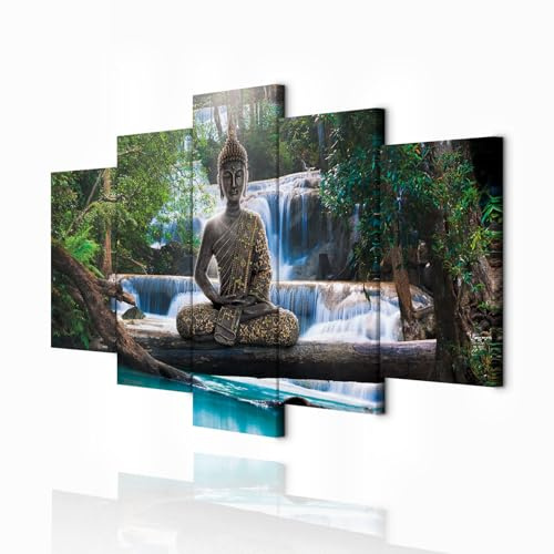 decomonkey Bilder Buddha 150x75 cm 5 Teilig Leinwandbilder Wandbild Zen | Bild auf Leinwand, Kunstdruck, Wanddeko, Wohnzimmer, Wanddekoration, Orient, Landschaft