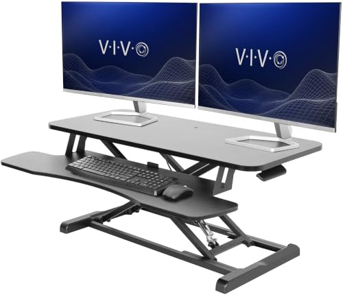 Vivo DESK-V036KB Höhenverstellbarer Schreibtischaufsatz, Sitz-Steh-Arbeitsplatz für zwei Monitore und Laptop, mit breiter Tastaturablage, Schwarz, 91,4 cm