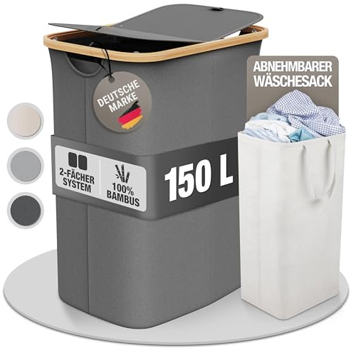 Tvättkorg med 2 lock 2 fack 150 liter bambutyg grå stor XXL – tvättkorg grå mörkgrå antracit tvättkorg med lock, tvättpufftvättkorg tvättsorterare | Celeko mörk 150 l