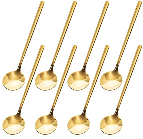 Kaffeelöffel Edelstahl Kleine Löffel Dessertlöffel Eislöffel Teelöffel Mokkalöffel Runde Rührlöffel für Zuhause Küche Café Dessert Geschäft Bar, 8 Stk 13cm, Gold