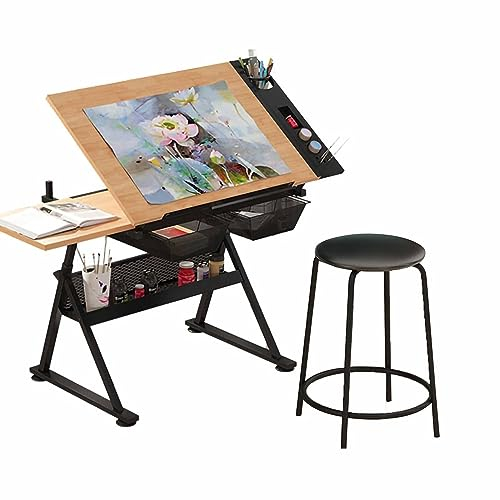 ZERVA Zeichentisch aus massivem Holz, Schreibtisch, Kunst- und Bastelarbeitsplatz, Zeichentisch, höhenverstellbarer Basteltisch mit Hocker und 2 Schubladen for Zuhause, Büro, Schule, Arbeitszimmer