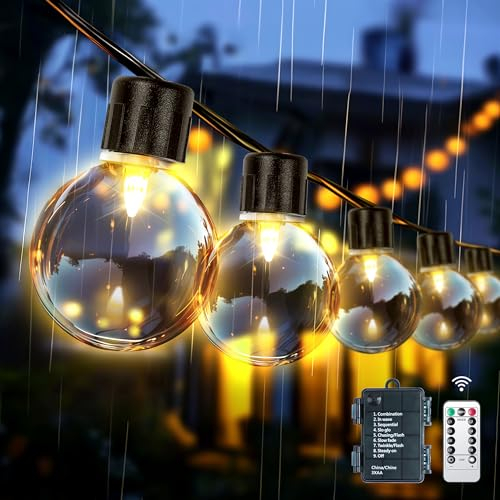 aurogeek Outdoor String Lights Battery Operated: 9m/30ft LED with 12 G40 Plastic Bulb Hanging Festoon Fairy Light Remote Waterproof for Garden Decorative Cafe Patio Pergola Indoor