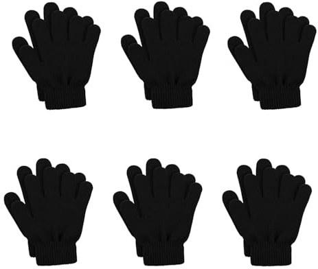 COLEDRE 6 Pairs Kids Winter Magic Gloves Children Cold Weather Thermal Warm Stretchy Gloves Boys Girls Knit Gloves, Black, S