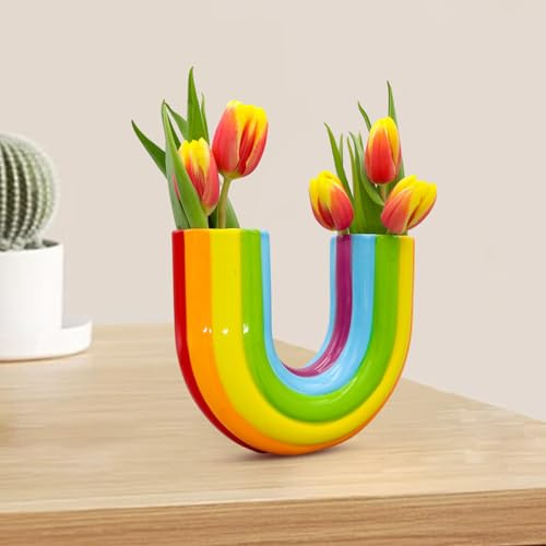 LEMCC Regenbogenvase, U-förmige Harzvase, Bunte Vasen, Niedliche Blumenvase, Flippige Blumenvase, Dekorative Blumenvase für Wohnzimmertischaufsätze, Couchtischdekoration