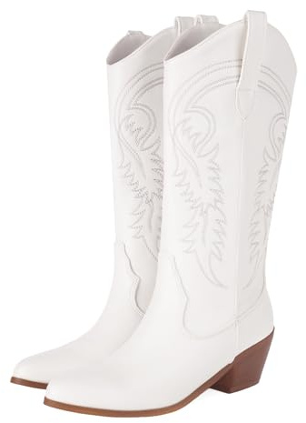 COOLCEPT White Cowgirl Boots for Women Mid Calf Cowboy Boots Pointed Toe Block Heel Western Boots Embroidered Cowgirl Boots for Festival Concert Party Size 39