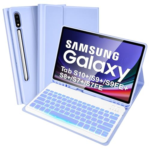 Tastaturhülle mit Hintergrundbeleuchtung für Samsung Galaxy Tab S10+/S9 FE+/S9+/S8+/S7+/S7 FE 12,4 Zoll, UK-Layout, schlanke Abdeckung mit abnehmbarer Tastatur für Galaxy Tab S7 FE/S9 FE+/S10+/S9+/S8+