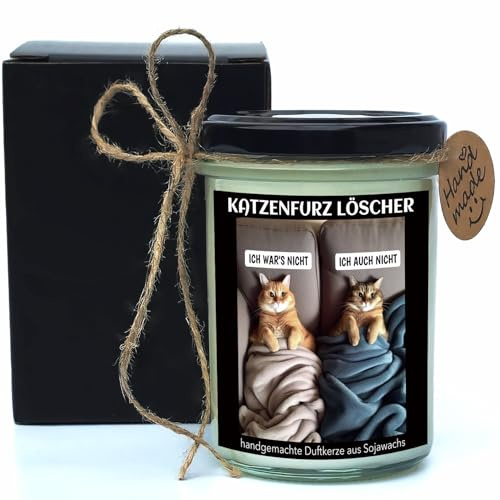 Katzenfurz Löscher | lustige Duftkerze für Katzenliebhaber | Handgemachte Sojawachs Kerze aus Deutschland |160g Apfel & Zimt Duft für jede Jahreszeit | humorvolle Geschenkidee | inkl. Geschenkbox