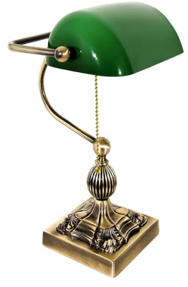 Schreibtischlampe Messing massiv Glas H: 36 cm schwenkbar E14 in Bronze hell glänzend Grün Zugschalter Tischleuchte Bankerlampe Arbeitszimmer