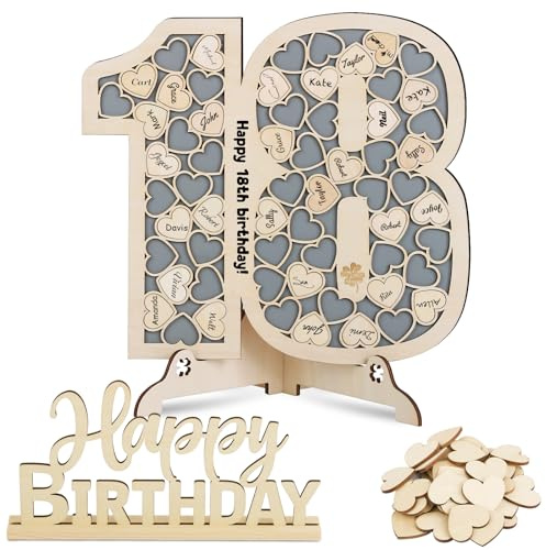 BOFUNX 18 Jahre Gästebuch aus Holz Geburtstag Gästebuch Geburtstagsdeko Geburtstagsgästebuch | 70 Holz Herzen zum Beschriften | 1 Happy Birthday Holzschild | Personalisiert Geburtstagsgeschenke