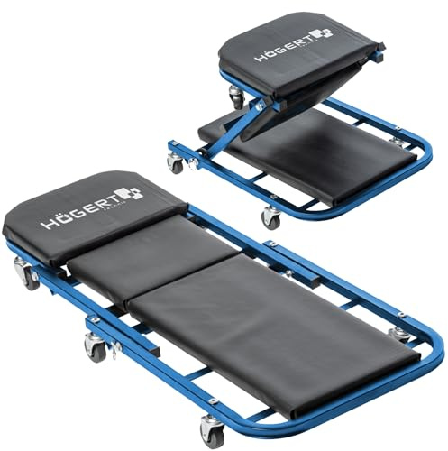 Högert Technik Werkbank mit 2-in-1-Sitzfunktion, Hocker, Neigungswinkelverstellung, 6 Lenkrollen, Stahlgestell, Schadensfreie Polsterung, 150 kg Belastbarkeit, Kunstleder, Schwarz-Blau